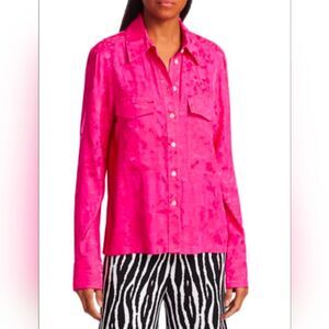 STAUD Alyssa Damask Tonal Floral Pocket Front Button Down Shirt Hot Pink Size M
